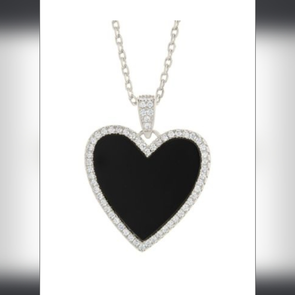 STERLING FOREVER Tara Rhodium Plated & Black Onyx Heart Pendant Necklace